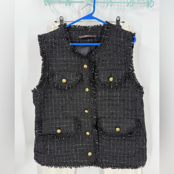 Hazel Professional/Casual Black Fringe Vest With Gold Button Accents L